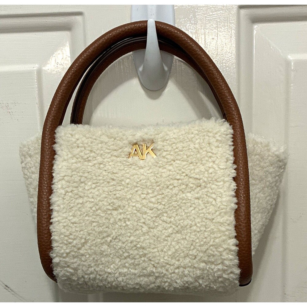 Anne Klein White Sherpa Faux Fur Top Handle Bag Magnetic Snap Logo Gold Hardware